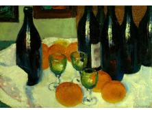 Csendélet borosüvegekkel és narancsokkal